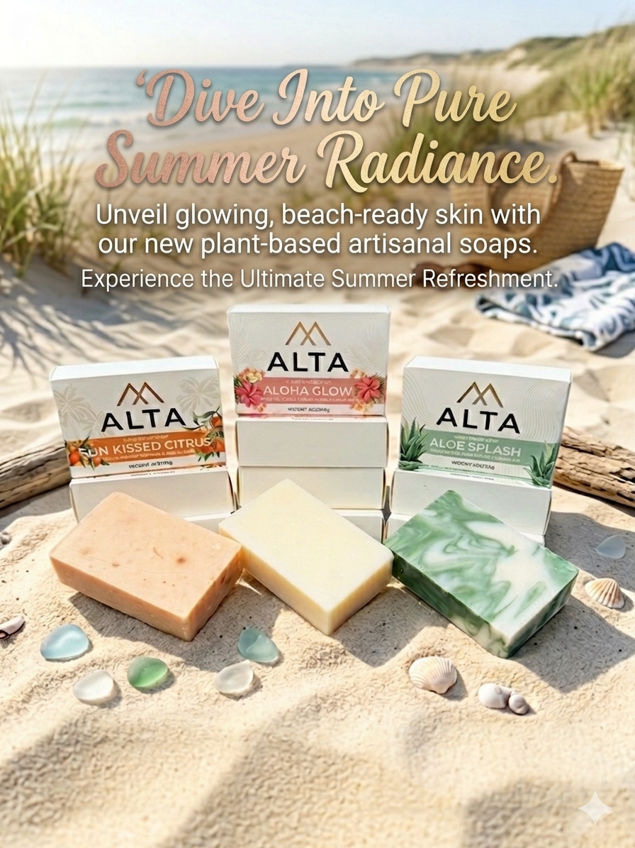 Three bars of ALTA plant-based artisanal soap displayed on a sandy beach next to small sea glass pieces and a rolled-up towel, with a background text overlay reading "Dive Into Pure Summer Radiance."