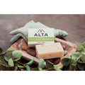 Altitude Refresh natural bar soap by Alta Body. A green and white cold-process soap bar featuring eucalyptus, aloe vera, and peppermint leaves.