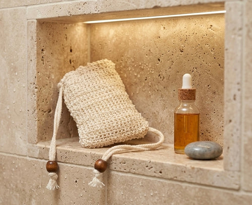 A minimalistic ALTA Bar Sleeve with wooden beads displayed on a stone shelf next to a glass dropper bottle, highlighting natural bathroom aesthetic and zero-waste skincare.
