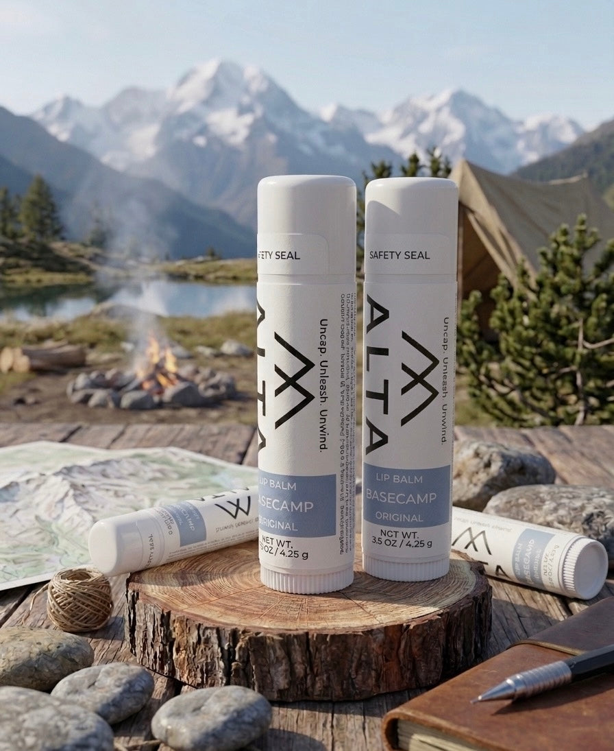 A tube of ALTA Basecamp Original Lip Balm standing on a wooden stump with a mountain landscape, a canvas tent, and a campfire in the background.