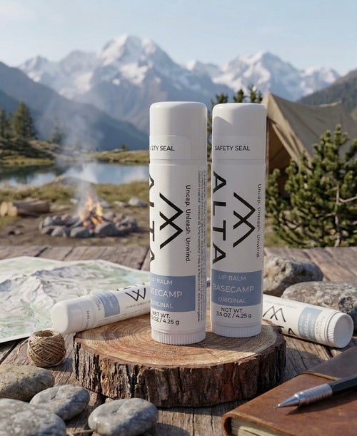 A tube of ALTA Basecamp Original Lip Balm standing on a wooden stump with a mountain landscape, a canvas tent, and a campfire in the background.