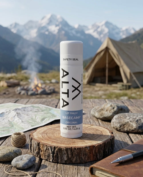 A tube of ALTA Basecamp Original Lip Balm standing on a wooden stump with a mountain landscape, a canvas tent, and a campfire in the background.