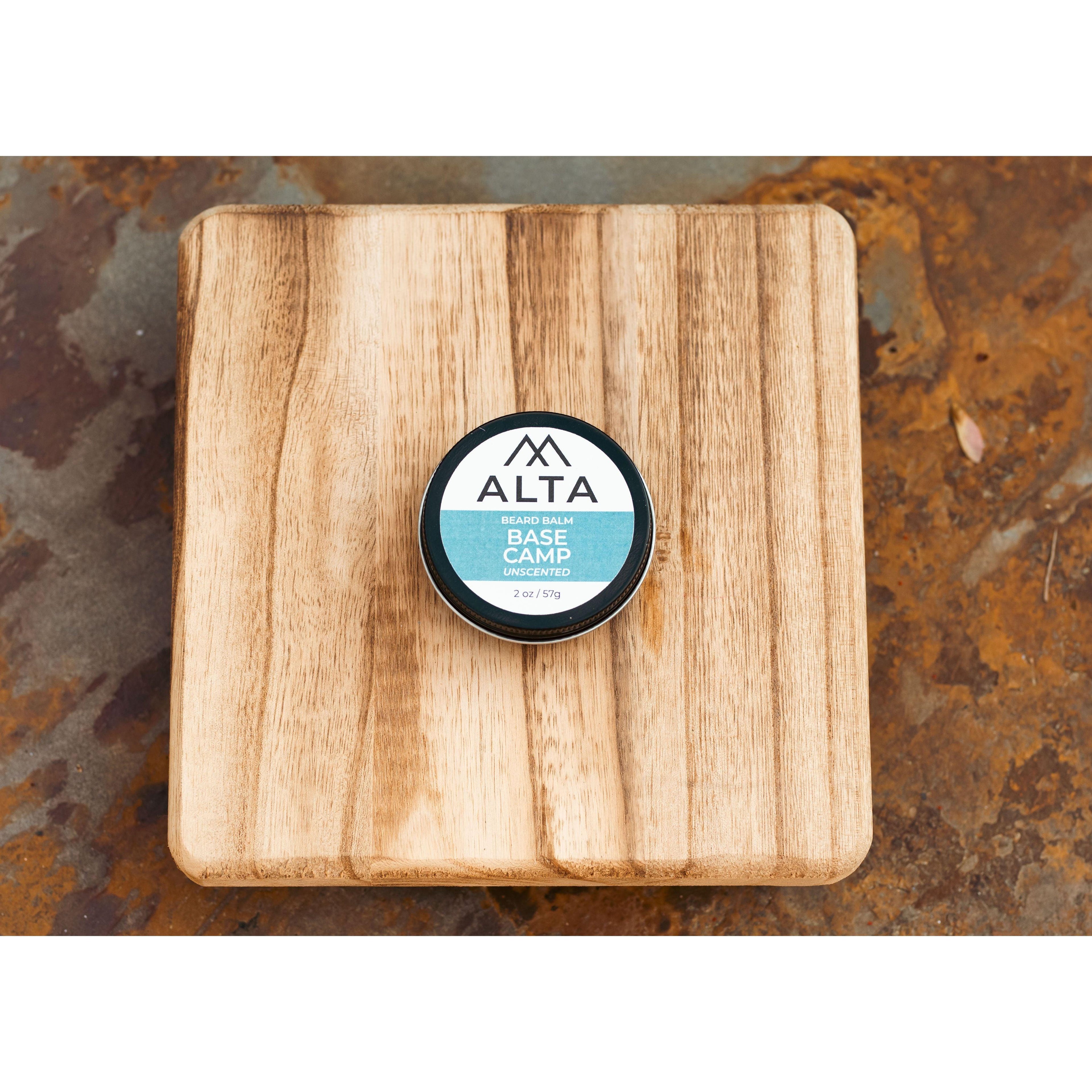 Alta Body Basecamp Fragrance-Free Beard Balm in a 2oz black tin. Unscented beard styling balm with Matcha Tea Butter and Beeswax.