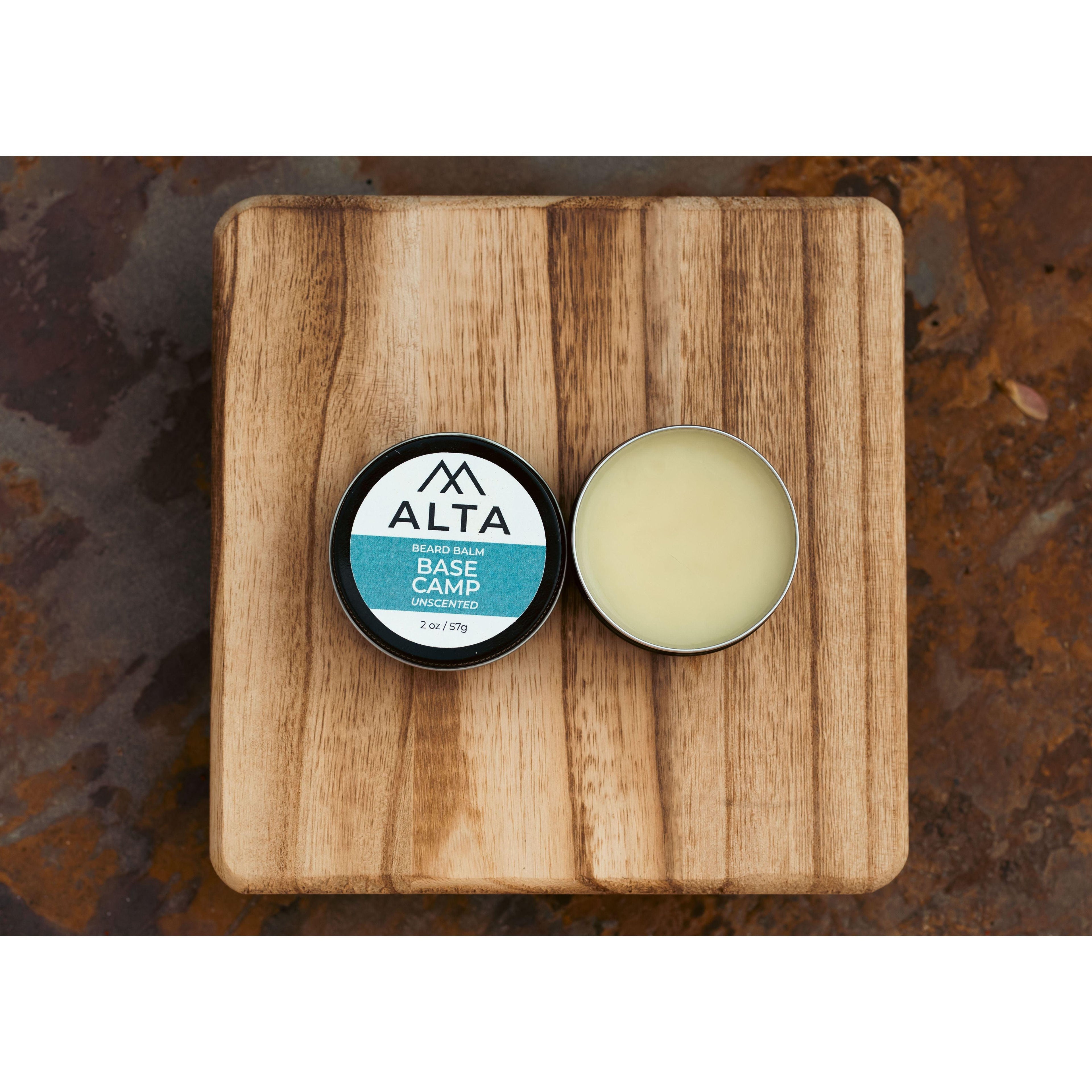 Alta Body Basecamp Fragrance-Free Beard Balm in a 2oz black tin. Unscented beard styling balm with Matcha Tea Butter and Beeswax.