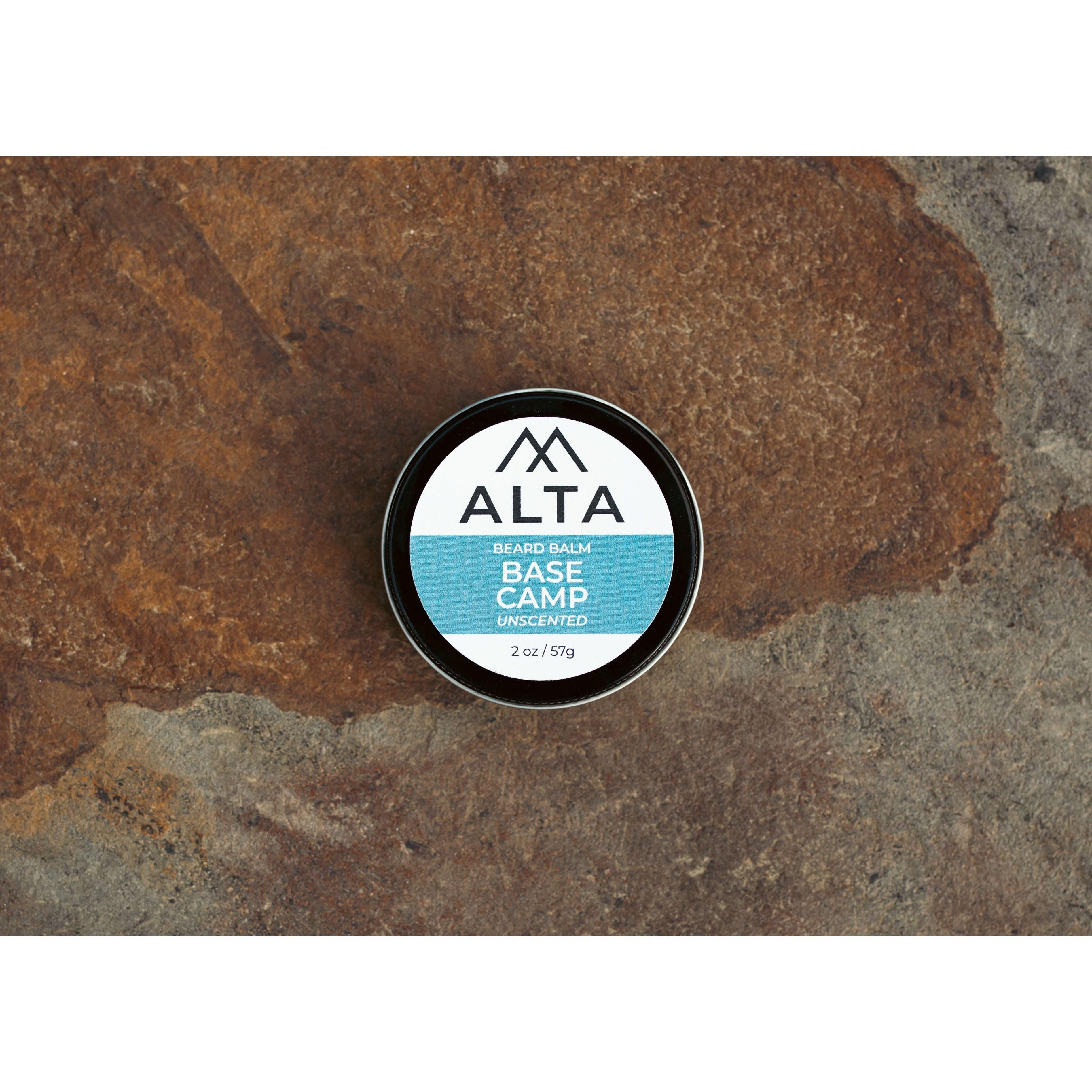 Alta Body Basecamp Fragrance-Free Beard Balm in a 2oz black tin. Unscented beard styling balm with Matcha Tea Butter and Beeswax.