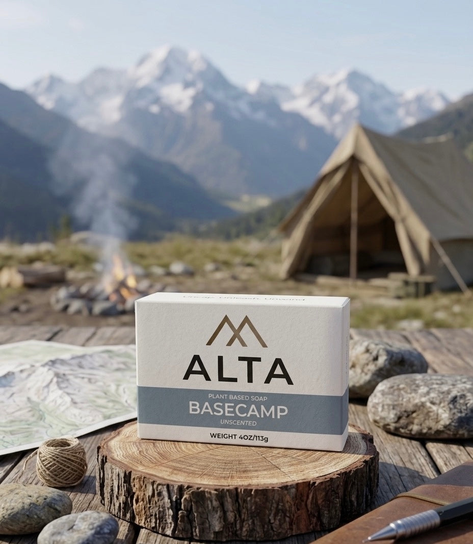 A bar of ALTA Basecamp Unscented Soap sitting on a wooden log in an outdoor camping setting with a tent and mountains in the background