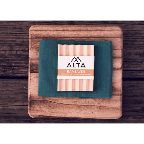 Alta Body Bar Saver — a rectangular, ventilated wooden soap dish crafted from sustainable USA timber for cold process bar soaps.