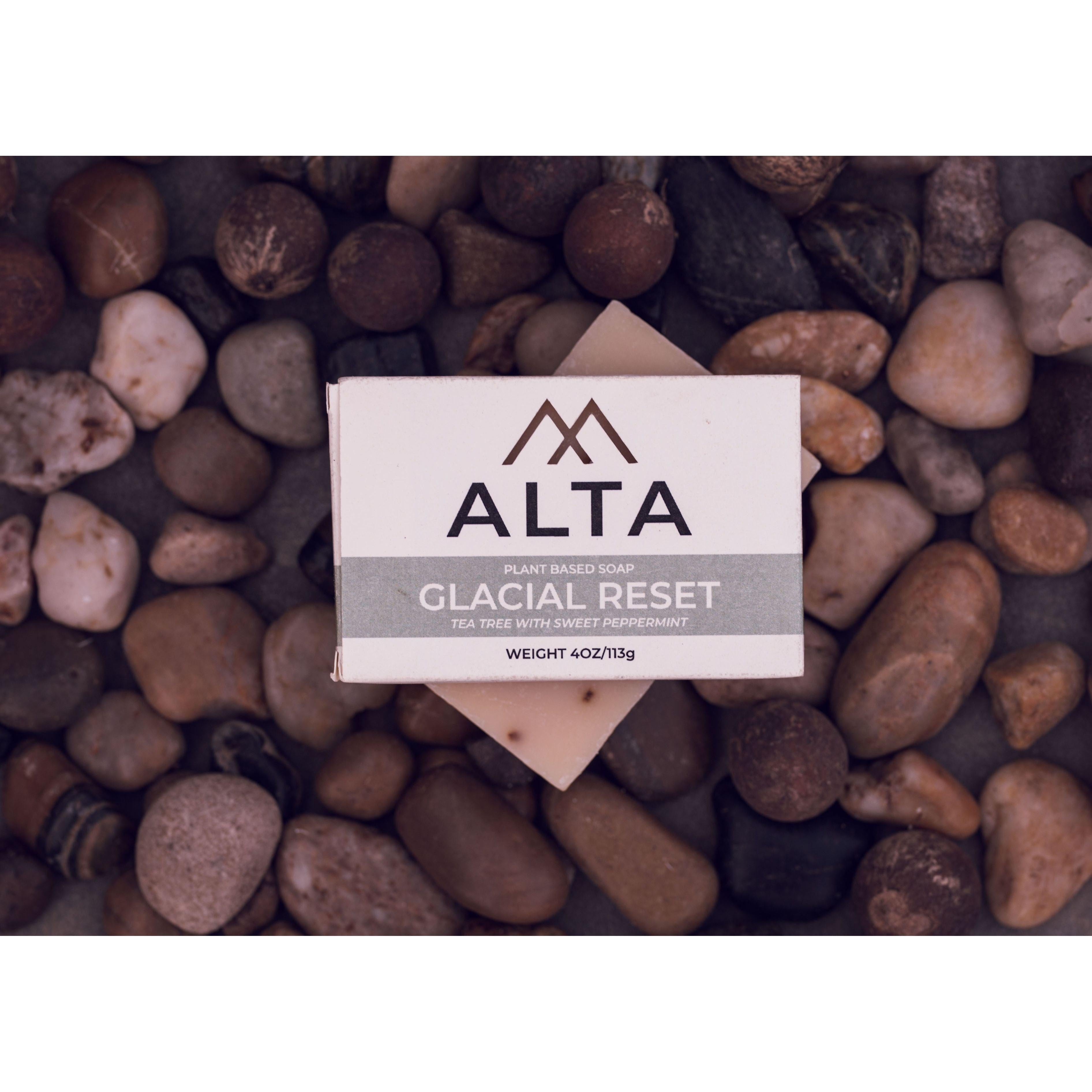 Glacial Reset natural bar soap by Alta Body. A refreshing tea tree and peppermint cold-process soap bar featuring real peppermint leaves.