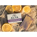 Horizon Bloom natural bar soap by Alta Body. A purple and yellow swirled cold-process soap bar featuring lavender and lemongrass.
