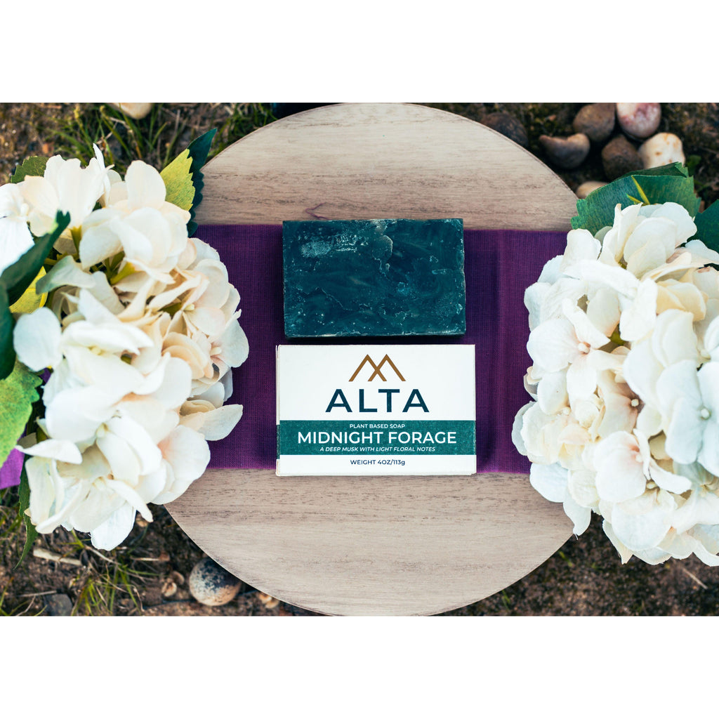 Midnight Forage natural bar soap by Alta Body. A dark, forest-inspired cold-process soap bar featuring charcoal and a woodsy sandalwood scent.
