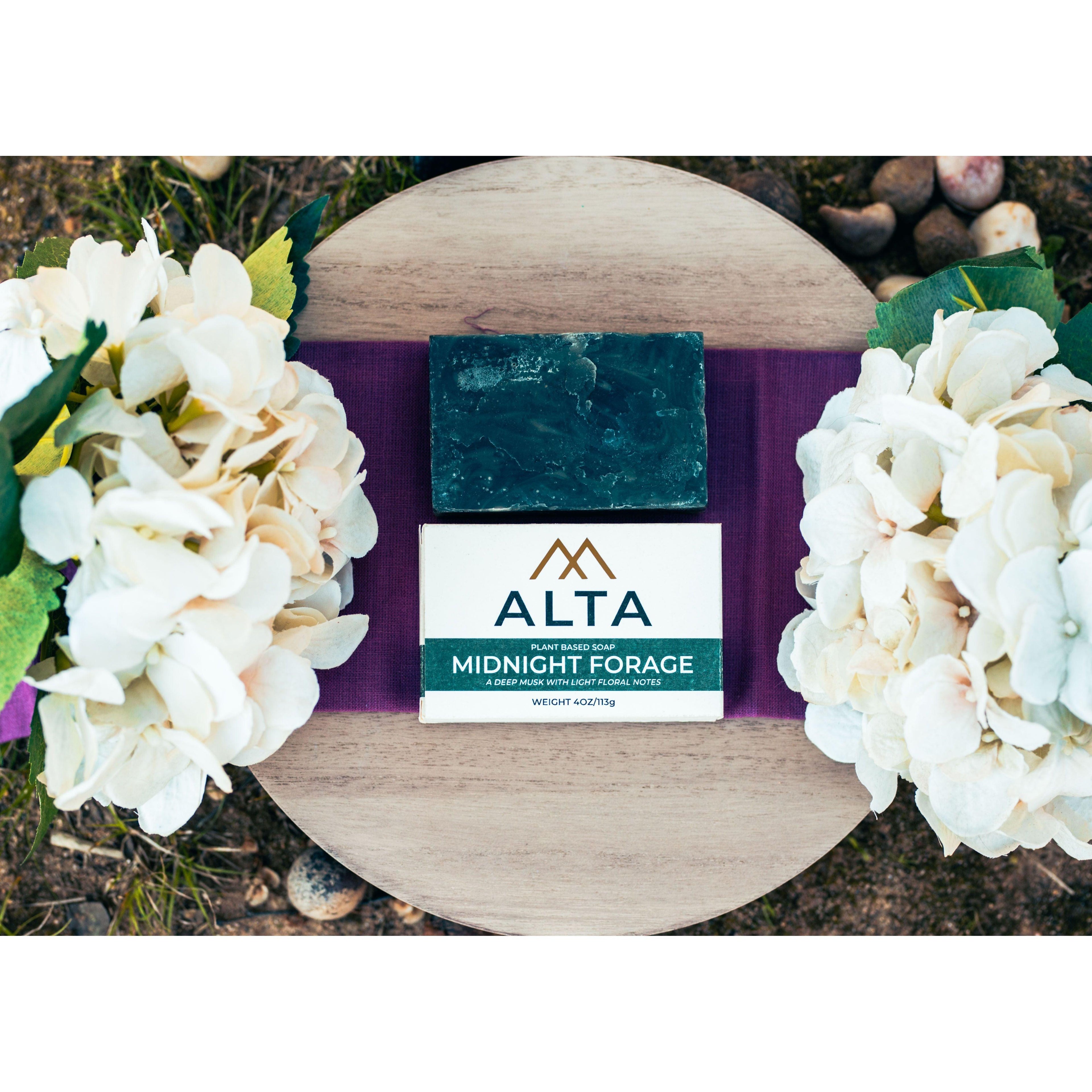 Midnight Forage natural bar soap by Alta Body. A dark, forest-inspired cold-process soap bar featuring charcoal and a woodsy sandalwood scent.