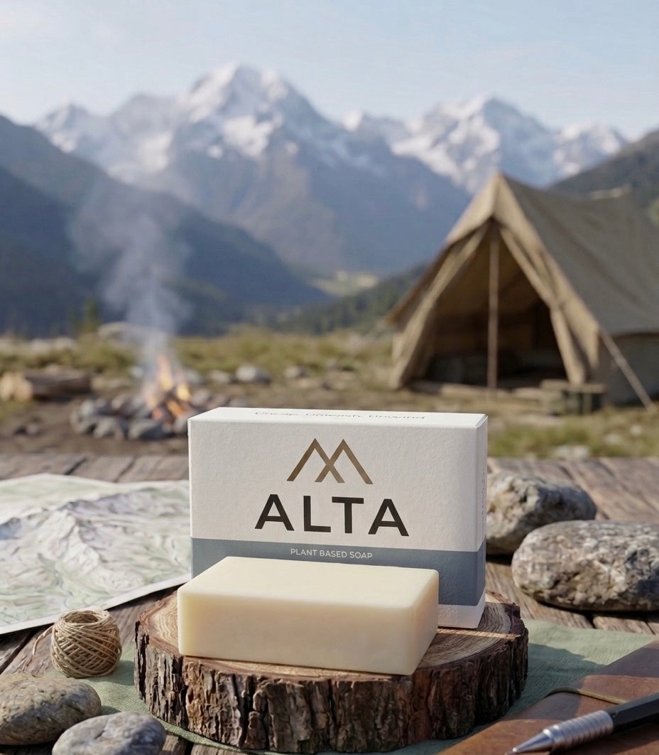 A bar of ALTA Basecamp Unscented Soap sitting on a wooden log in an outdoor camping setting with a tent and mountains in the background