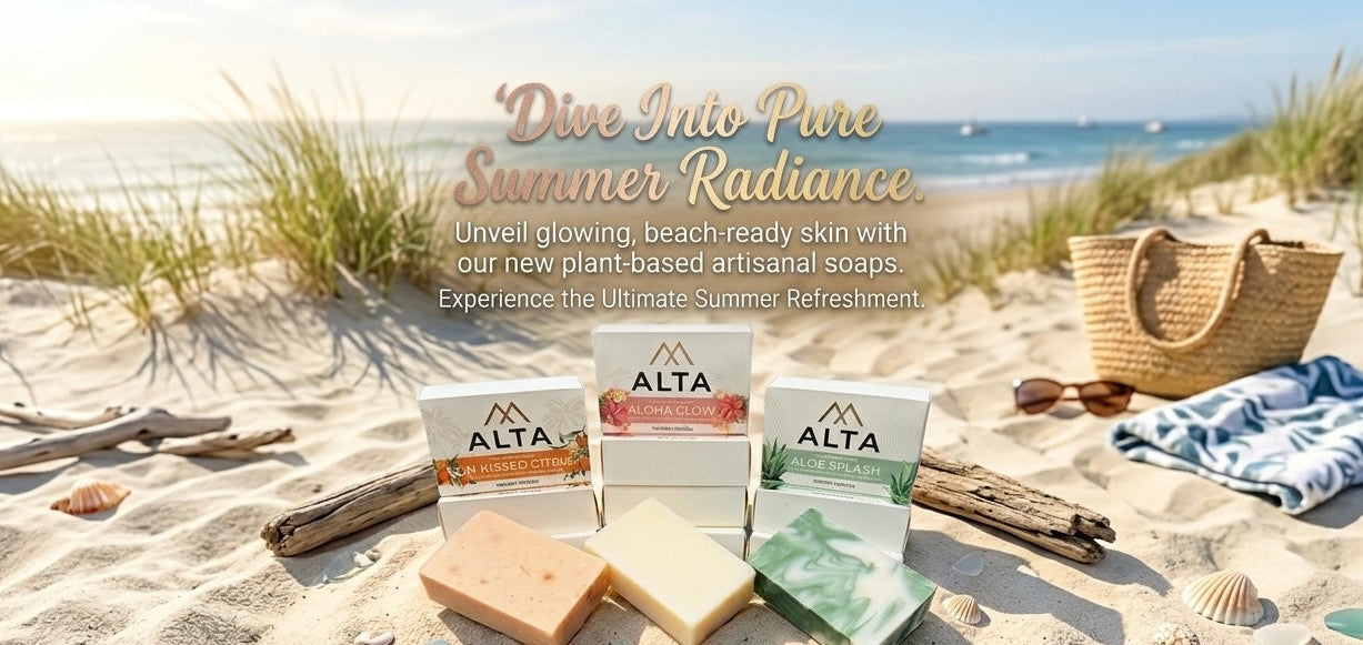 Alta soap bars on a sandy beach with promotional text.
